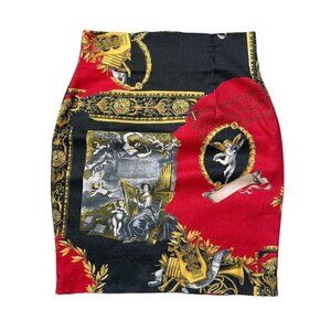 90s Y2K Vintage Cherub Novelty Print Skirt Baroque Opera Classical Bodycon.